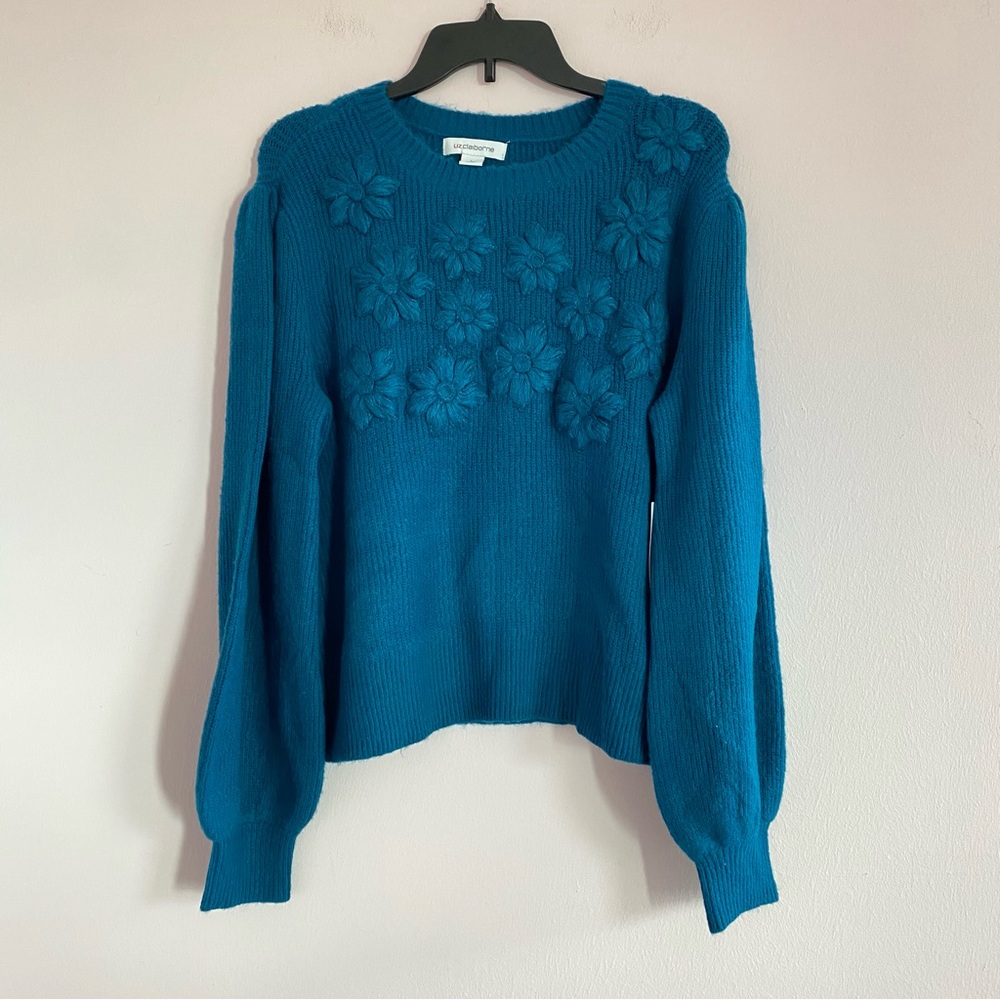 NEW Liz Claiborne Blue Floral Knit Sweater size Large